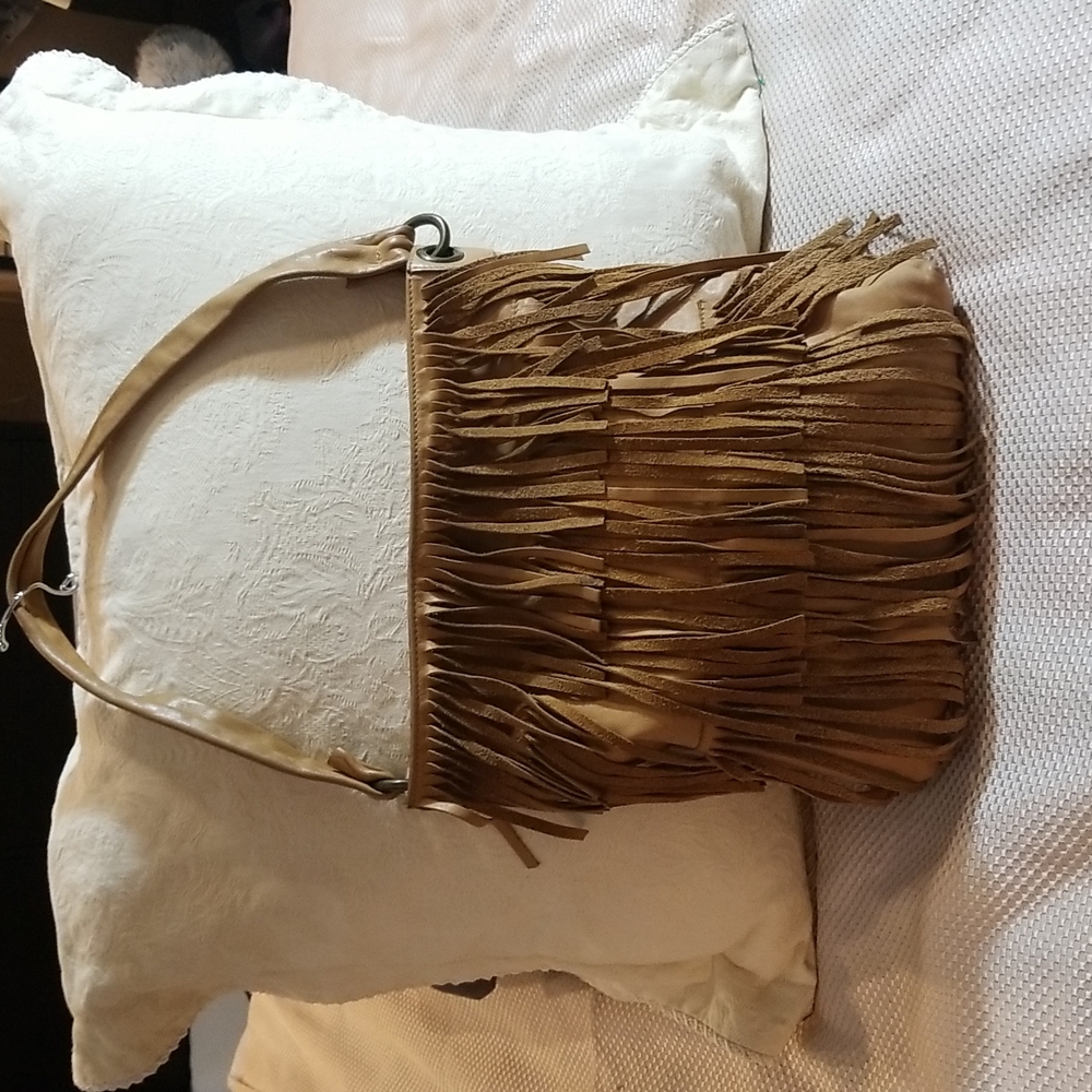 MAURIZIO TAIUTI TAN LEATHER  FRINGE PURSE-HOBO BAG
